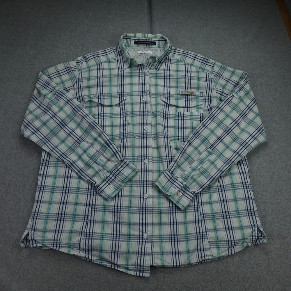 Columbia Shirt Womens XL Blue Green Plaid PFG Super Bonehead Fishing 11952